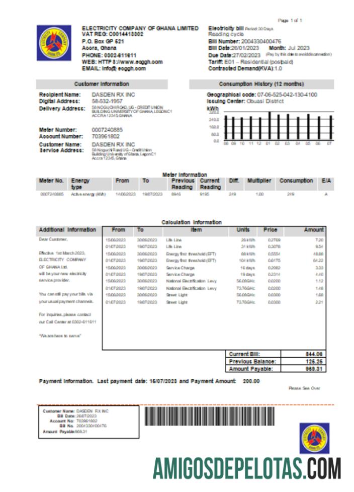 Conta de negócios de serviços públicos da Companhia de Eletricidade de Gana Ltd, SCR modelo